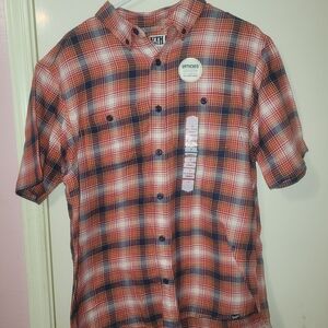 Duluth Trading Co Short Sleeve Plaid Button-Down Shirt - Orange & Navy
